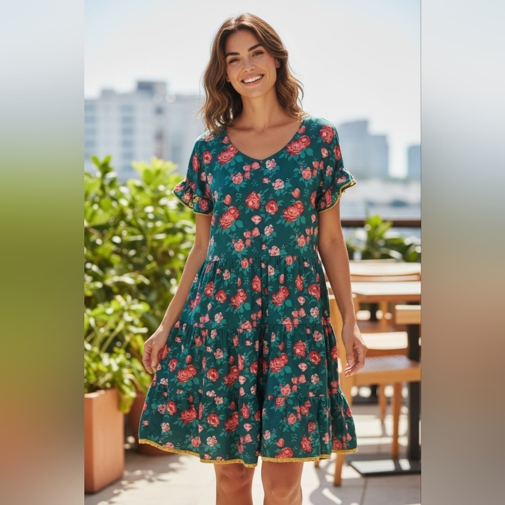 Will Flowers Mommy rose floral teal tiered dress sz large with pockets